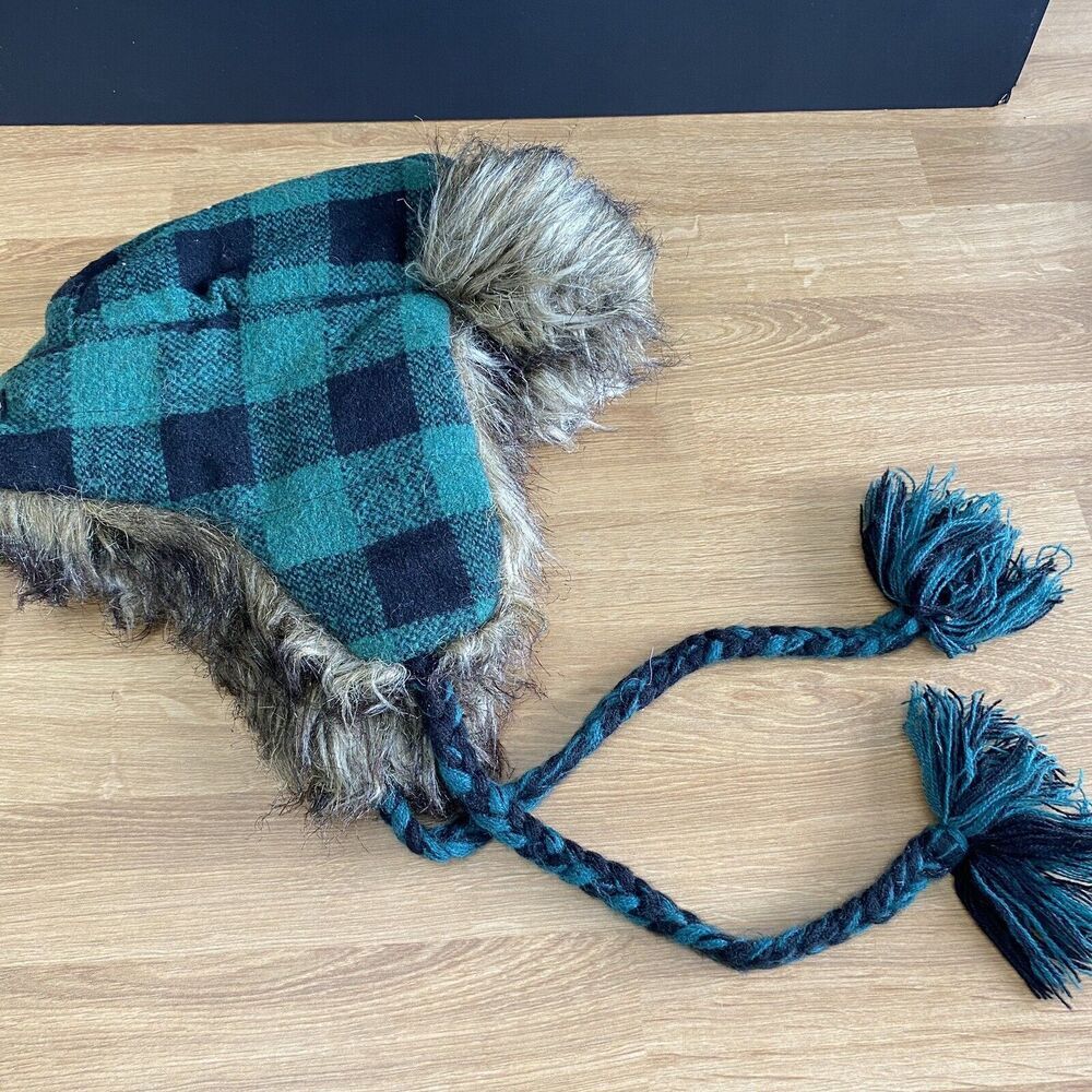 American eagle trapper Mens Green plaid hat FAUX FUR  S/M Bottle Opener